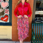 Printed Fringe Midi Skirt in Hot Pink Floral at ooh la la! in Grapevine TX 76051