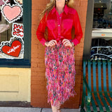 Printed Fringe Midi Skirt in Hot Pink Floral at ooh la la! in Grapevine TX 76051