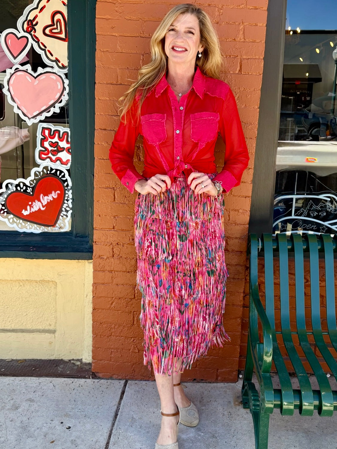 Printed Fringe Midi Skirt in Hot Pink Floral at ooh la la! in Grapevine TX 76051