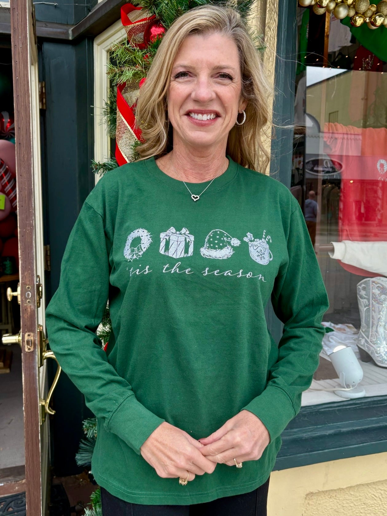 Christmas Sketchy Season Long Sleeve Tee in green at ooh la la! in Grapevine TX 76051