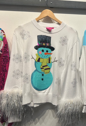 Queen of Sparkles White & Aqua Snowman Sweater at ooh la la! in Grapevine TX 76051