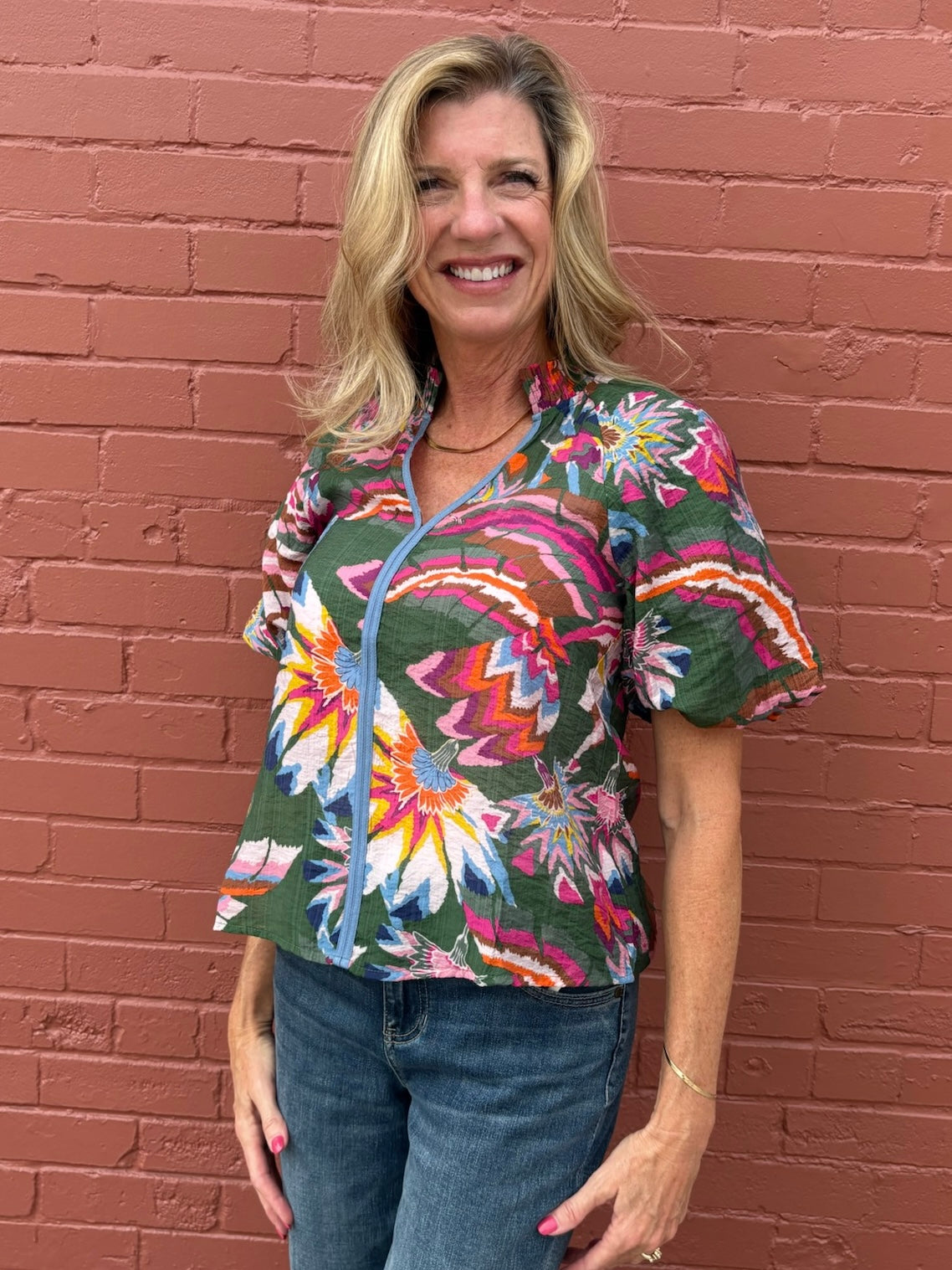 THML Puff Sleeve Print V-Neck Top at ooh la la! In Grapevine TX 76051