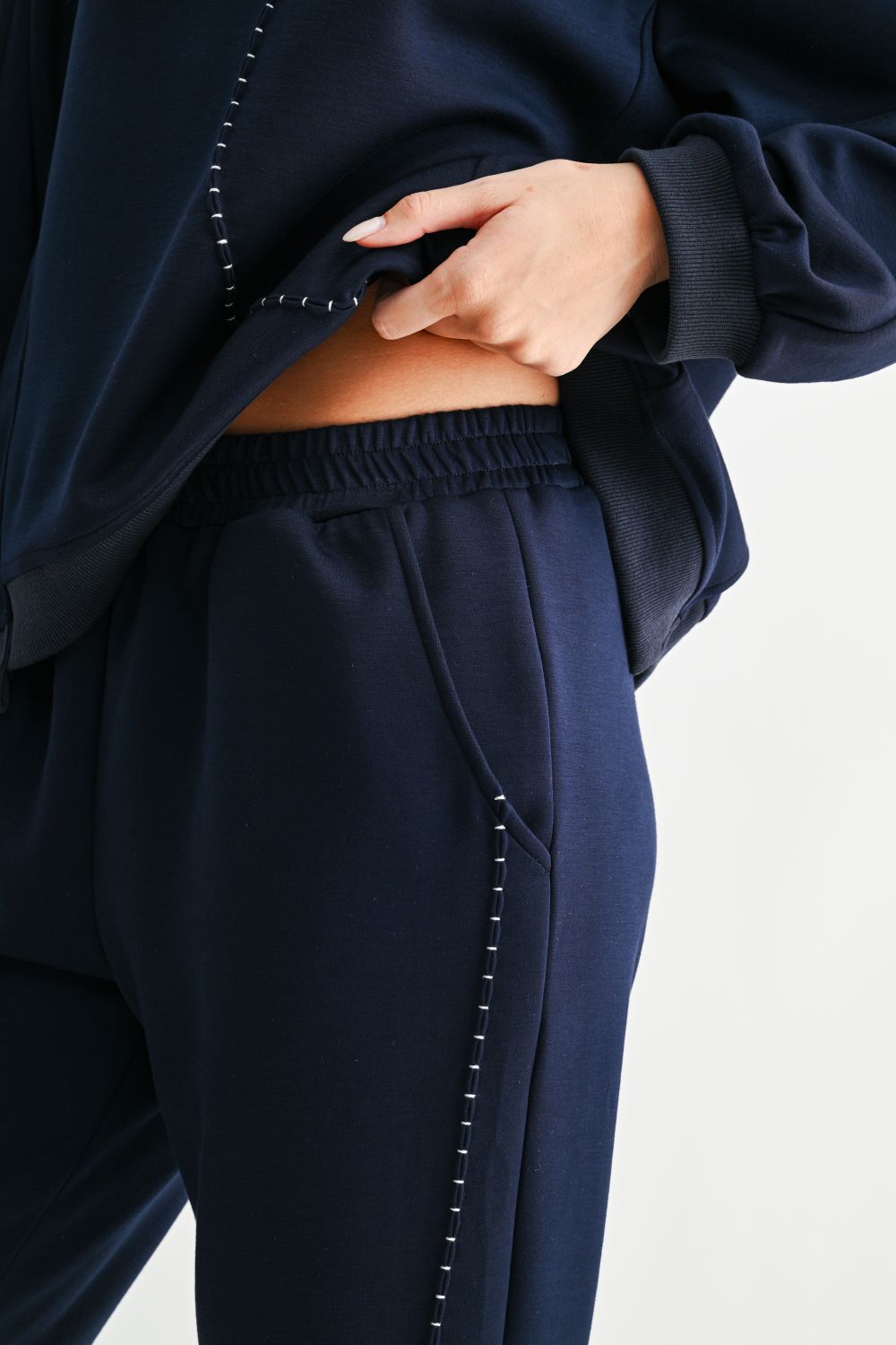 Navy Kaelynn Pant, Joh, luxury straight leg pants, matte crepe knit trousers, minimalist women's loungewear, designer elastic waist pants, premium stretch crepe pants, high-end coordinated sets at ooh la la! in Grapevine TX 76051