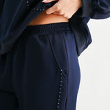 Navy Kaelynn Pant, Joh, luxury straight leg pants, matte crepe knit trousers, minimalist women's loungewear, designer elastic waist pants, premium stretch crepe pants, high-end coordinated sets at ooh la la! in Grapevine TX 76051