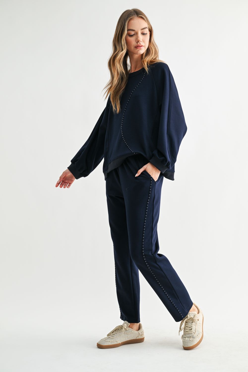 Navy Kaelynn Pant, Joh, luxury straight leg pants, matte crepe knit trousers, minimalist women's loungewear, designer elastic waist pants, premium stretch crepe pants, high-end coordinated sets at ooh la la! in Grapevine TX 76051