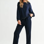 Navy Kaelynn Pant, Joh, luxury straight leg pants, matte crepe knit trousers, minimalist women's loungewear, designer elastic waist pants, premium stretch crepe pants, high-end coordinated sets at ooh la la! in Grapevine TX 76051