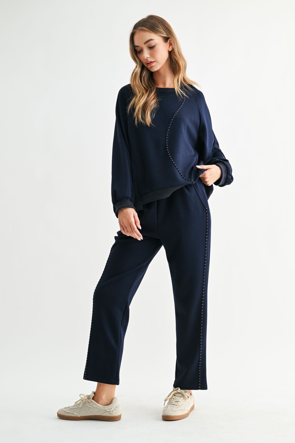 Navy Kaelynn Pant, Joh, luxury straight leg pants, matte crepe knit trousers, minimalist women's loungewear, designer elastic waist pants, premium stretch crepe pants, high-end coordinated sets at ooh la la! in Grapevine TX 76051