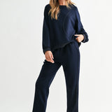 Navy Kaelynn Pant, Joh, luxury straight leg pants, matte crepe knit trousers, minimalist women's loungewear, designer elastic waist pants, premium stretch crepe pants, high-end coordinated sets at ooh la la! in Grapevine TX 76051