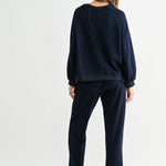 Navy Kaelynn Pant, Joh, luxury straight leg pants, matte crepe knit trousers, minimalist women's loungewear, designer elastic waist pants, premium stretch crepe pants, high-end coordinated sets at ooh la la! in Grapevine TX 76051