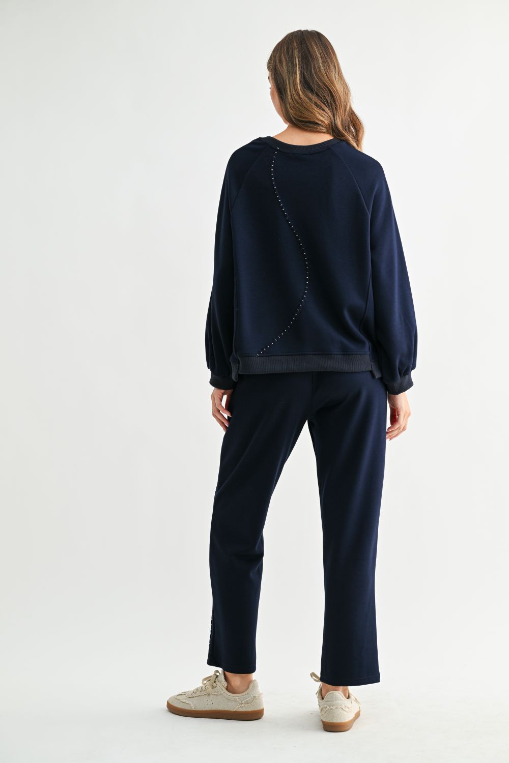 Navy Kaelynn Pant, Joh, luxury straight leg pants, matte crepe knit trousers, minimalist women's loungewear, designer elastic waist pants, premium stretch crepe pants, high-end coordinated sets at ooh la la! in Grapevine TX 76051