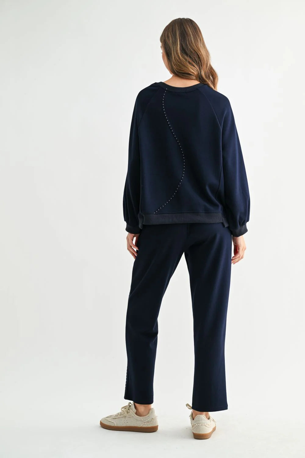 Navy Kaely Top, Joh Brand, luxury long sleeve top, matte stretch crepe knit, minimalist designer top, tonal stitch detail, premium women's knitwear, high-end loungewear, elegant relaxed fit top at ooh la la! in Grapevine TX 76051