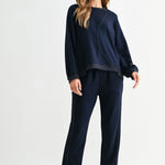 Navy Kaelynn Pant, Joh, luxury straight leg pants, matte crepe knit trousers, minimalist women's loungewear, designer elastic waist pants, premium stretch crepe pants, high-end coordinated sets at ooh la la! in Grapevine TX 76051