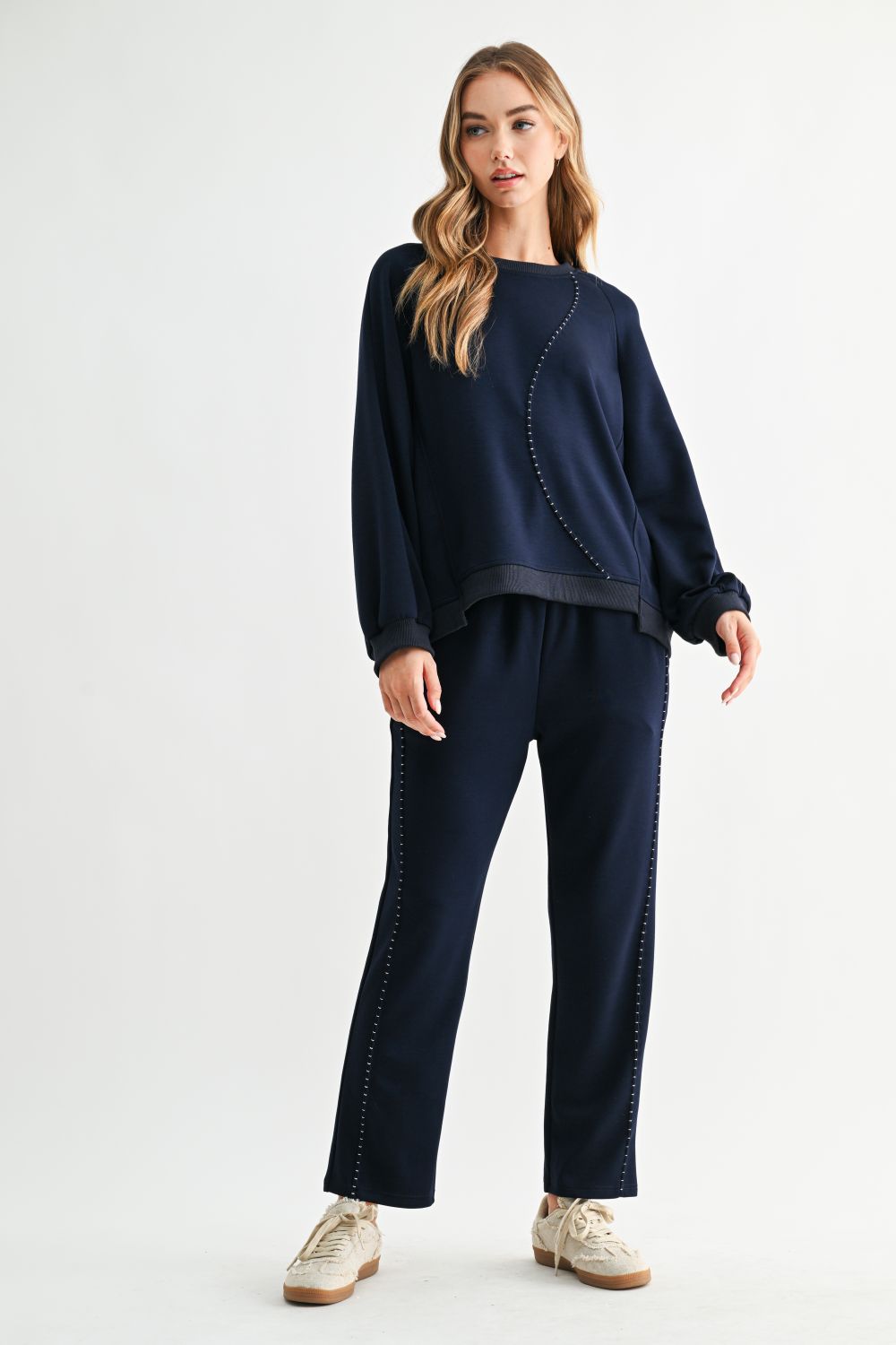Navy Kaelynn Pant, Joh, luxury straight leg pants, matte crepe knit trousers, minimalist women's loungewear, designer elastic waist pants, premium stretch crepe pants, high-end coordinated sets at ooh la la! in Grapevine TX 76051
