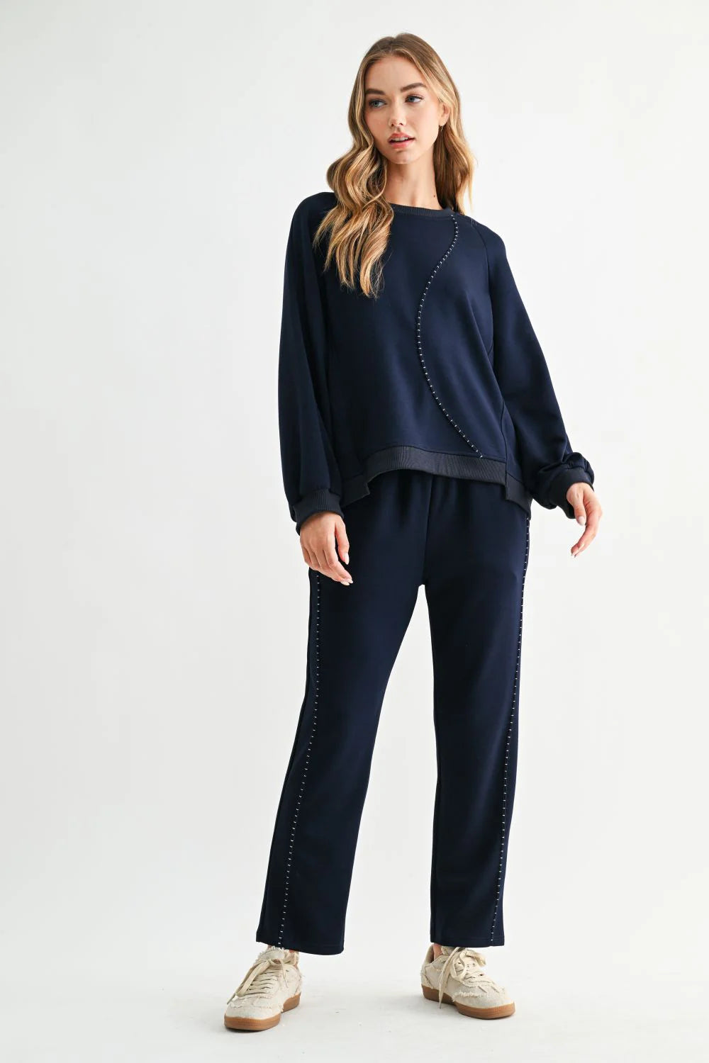Navy Kaely Top, Joh Brand, luxury long sleeve top, matte stretch crepe knit, minimalist designer top, tonal stitch detail, premium women's knitwear, high-end loungewear, elegant relaxed fit top at ooh la la! in Grapevine TX 76051