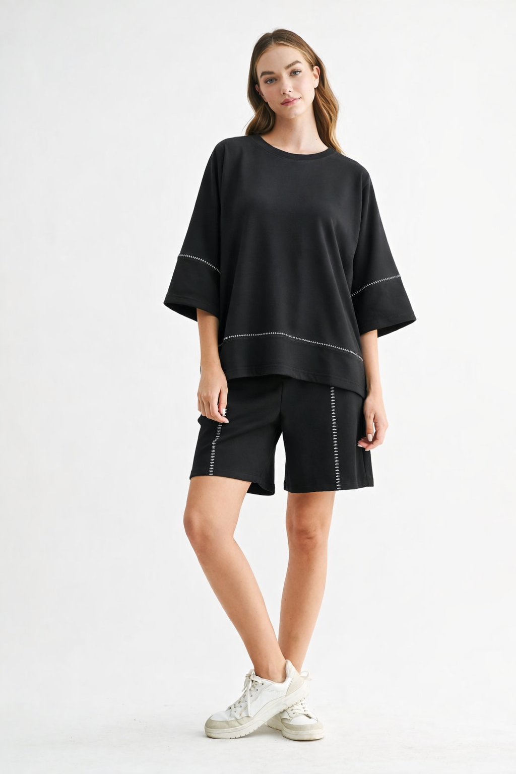 Black Carlay Top, Joh, luxury top, minimalist fashion, contrast stitch blouse, high-end short sleeve, designer relaxed fit, quiet luxury clothing, premium women's tops at ooh la la in Grapevine TX 76051