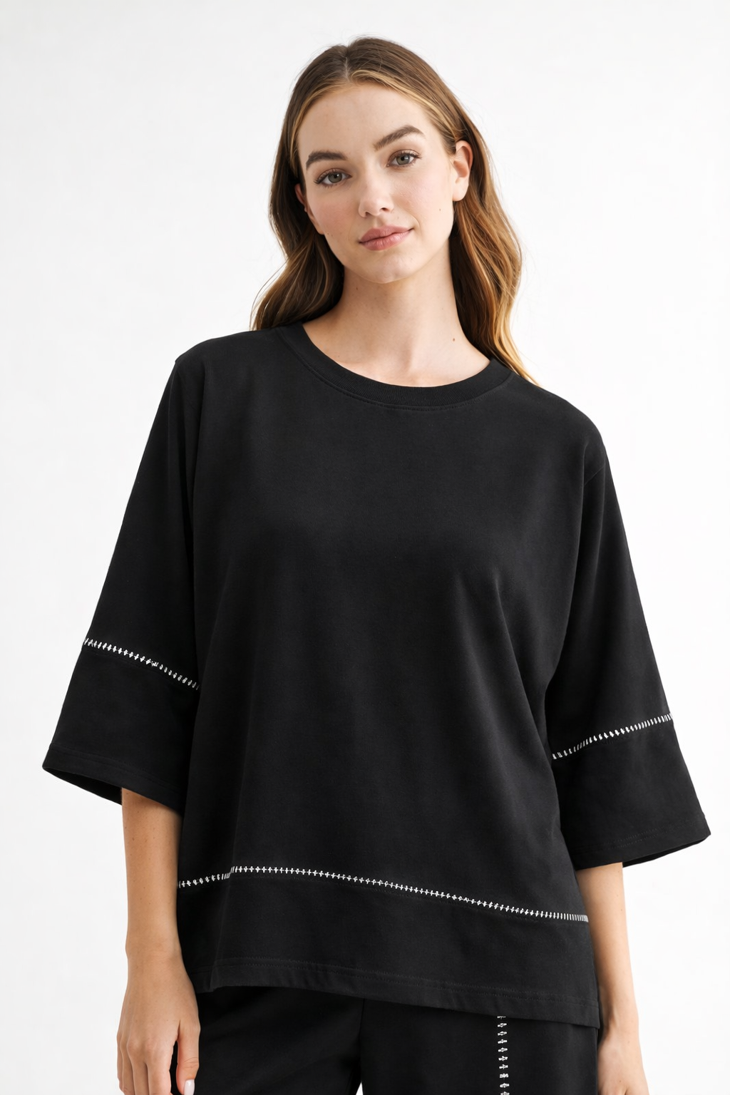 Black Carlay Top, Joh, luxury top, minimalist fashion, contrast stitch blouse, high-end short sleeve, designer relaxed fit, quiet luxury clothing, premium women's tops at ooh la la in Grapevine TX 76051