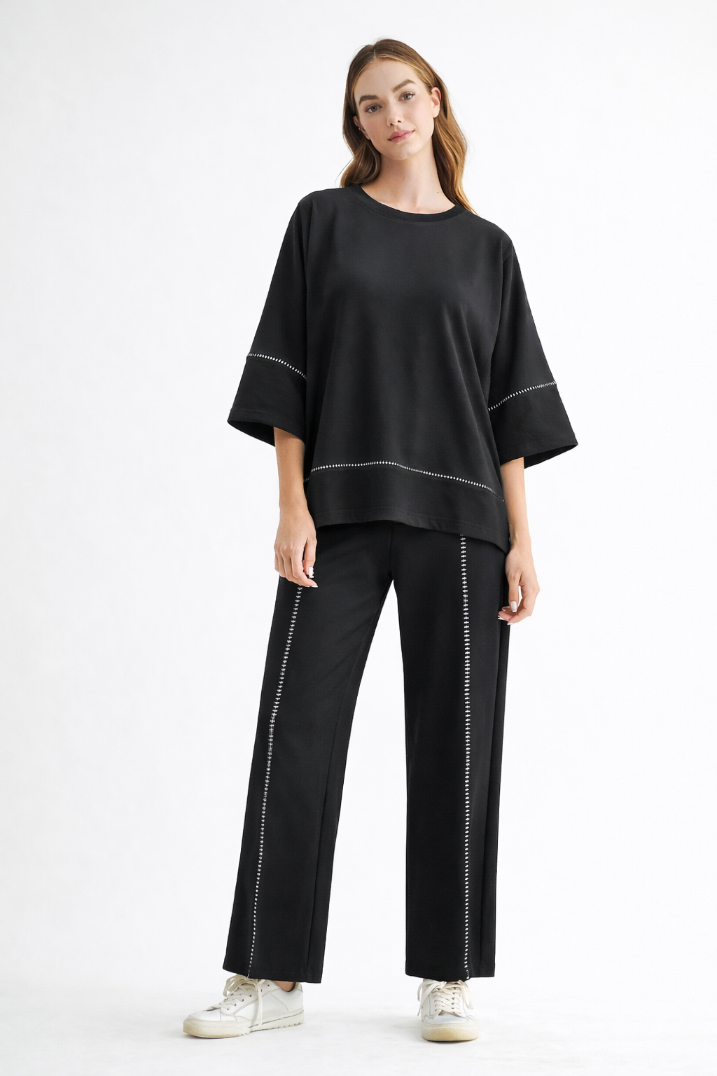 Black Carlay Top, Joh, luxury top, minimalist fashion, contrast stitch blouse, high-end short sleeve, designer relaxed fit, quiet luxury clothing, premium women's tops at ooh la la in Grapevine TX 76051