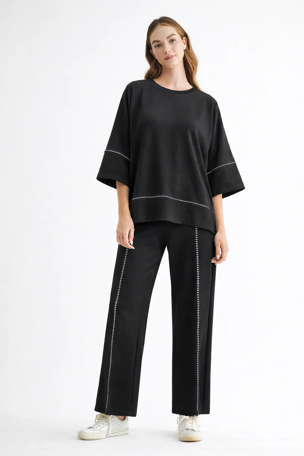 Kenya Pant black, Joh pant, luxury wide-leg pants, designer contrast stitch trousers, high-end pull-on pants, minimalist luxury fashion, premium women's loungewear, structured wide-leg trousers at ooh la la! in Grapevine TX 76051