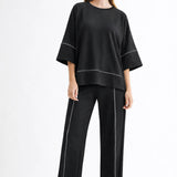 Kenya Pant black, Joh pant, luxury wide-leg pants, designer contrast stitch trousers, high-end pull-on pants, minimalist luxury fashion, premium women's loungewear, structured wide-leg trousers at ooh la la! in Grapevine TX 76051