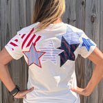 Queen of Sparkles, USA Star Tee, Patriotic Sequin Shirt, 4th of July Fashion, Designer Patchwork Tee, Red White and Blue Top, Luxury Graphic Tee at ooh la la! in Grapevine TX 76051