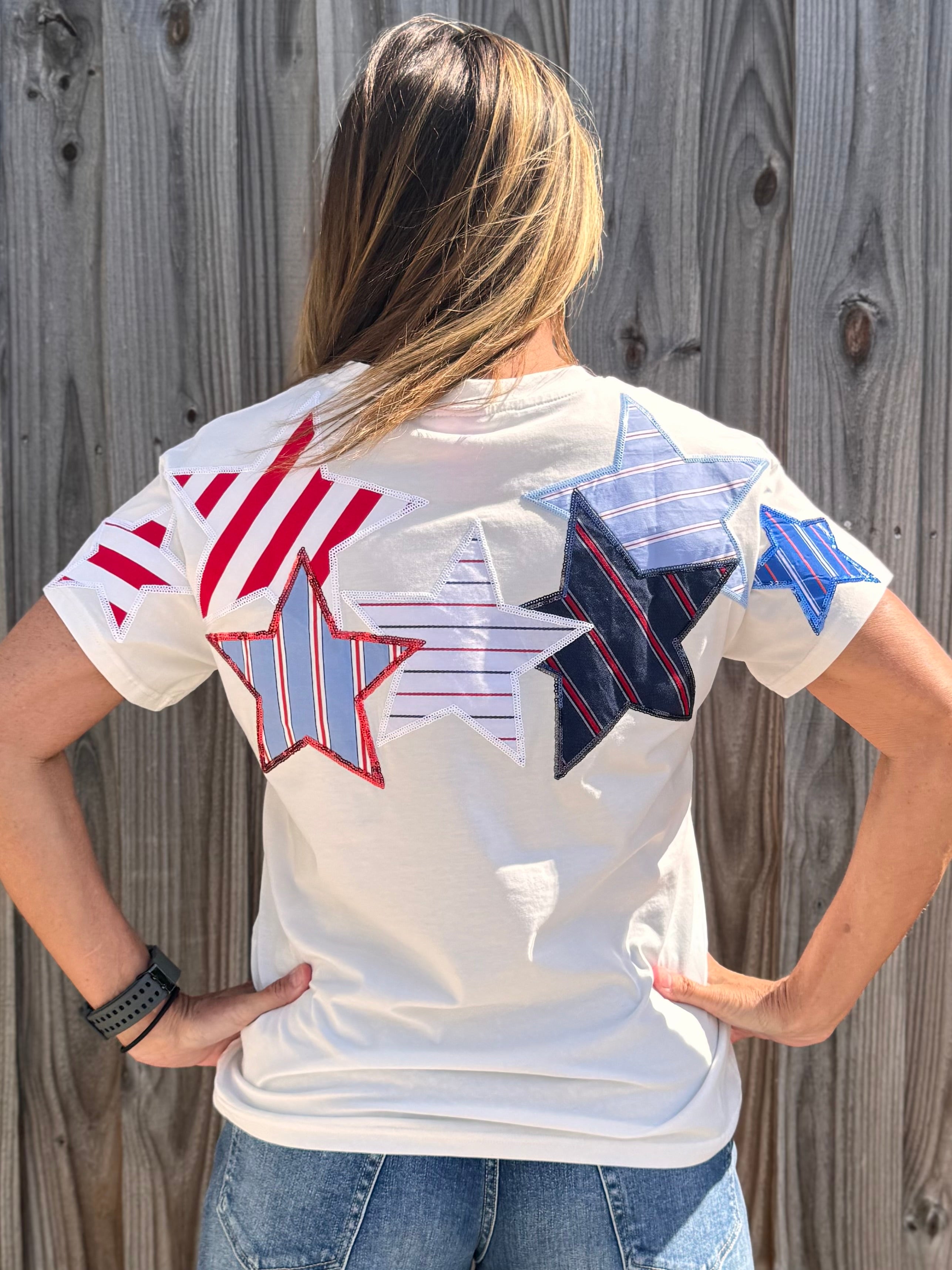 Queen of Sparkles, USA Star Tee, Patriotic Sequin Shirt, 4th of July Fashion, Designer Patchwork Tee, Red White and Blue Top, Luxury Graphic Tee at ooh la la! in Grapevine TX 76051