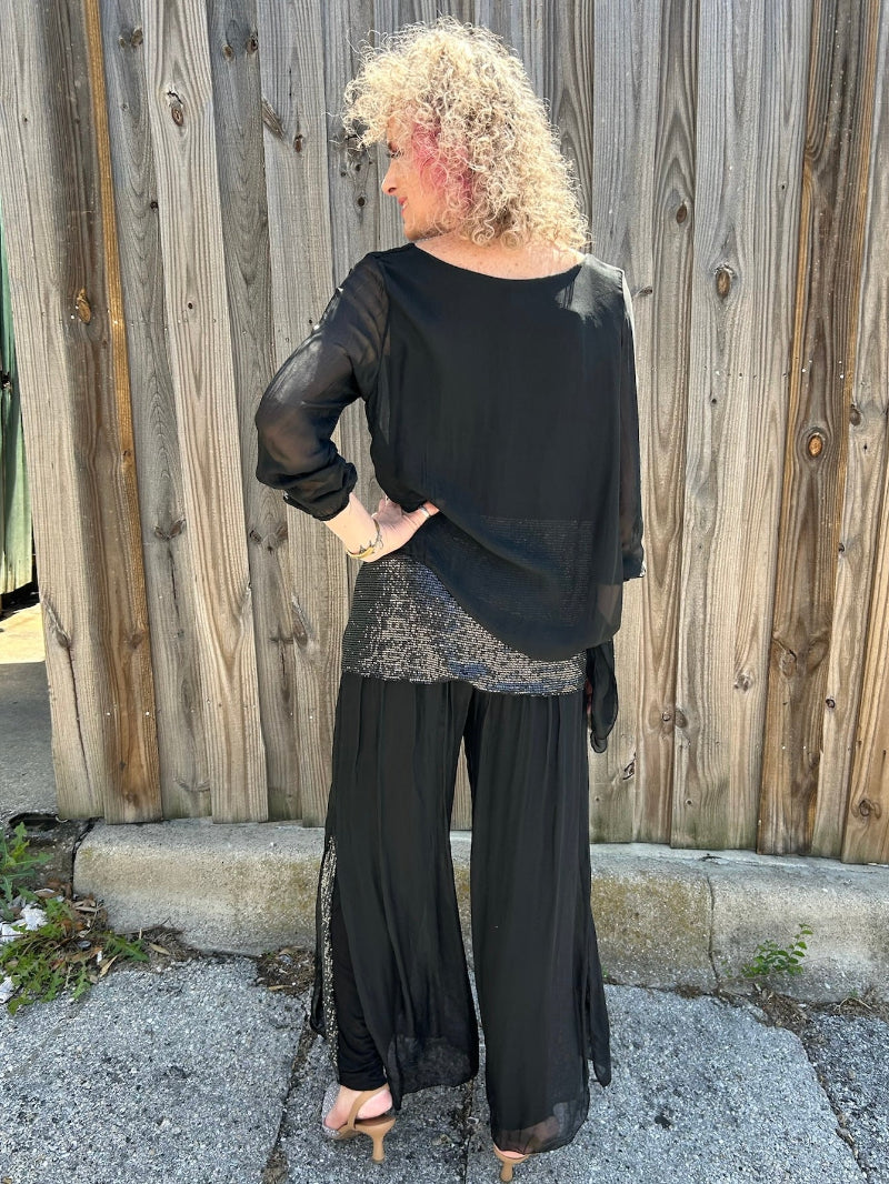Silk Tunic & Pants w/ Sequin Detail in black at ooh la la! in Grapevine TX 76051