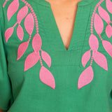 embroidered linen top, bubble sleeve blouse, green floral top, resort wear for women, v-neck summer blouse, pink and green top, botanical embroidery clothing, puff sleeve linen shirt at ooh la la! in Grapevine TX 76051