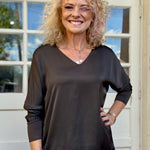 Satin Long Sleeve V-Neck Blouse In brown at ooh la la! In Grapevine TX 76051