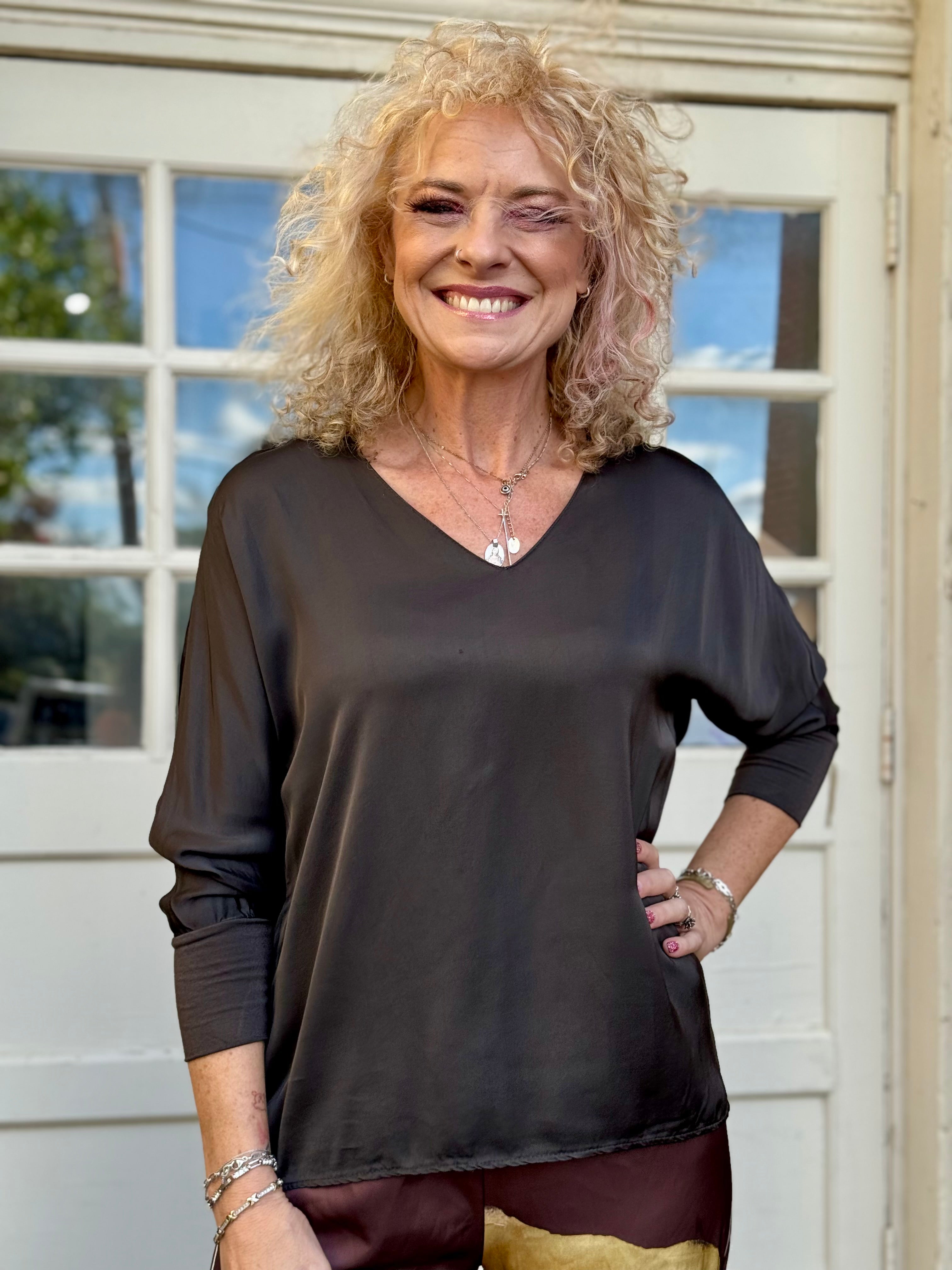 Satin Long Sleeve V-Neck Blouse In brown at ooh la la! In Grapevine TX 76051