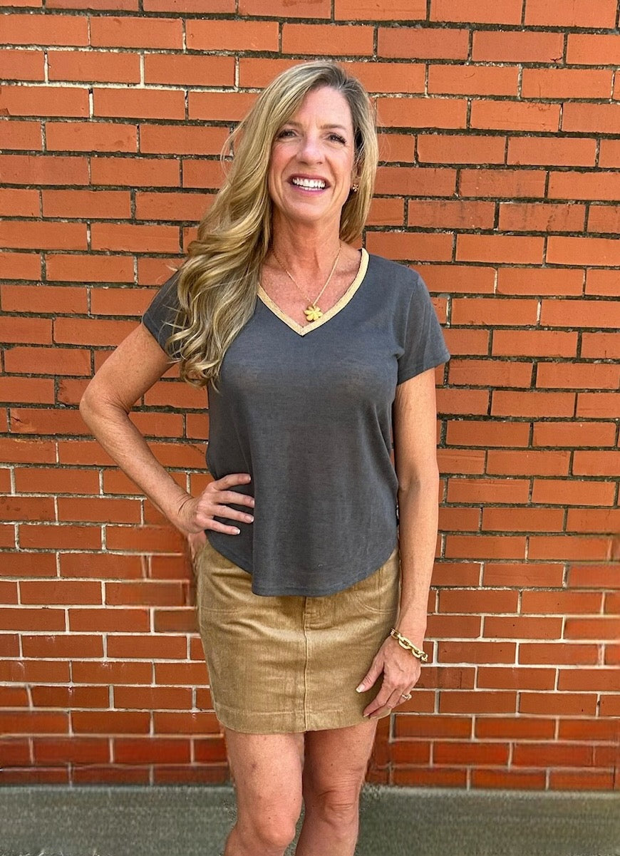 Molly Bracken Short Corduroy Skirt in Beige at ooh la la! in Grapevine TX 76051