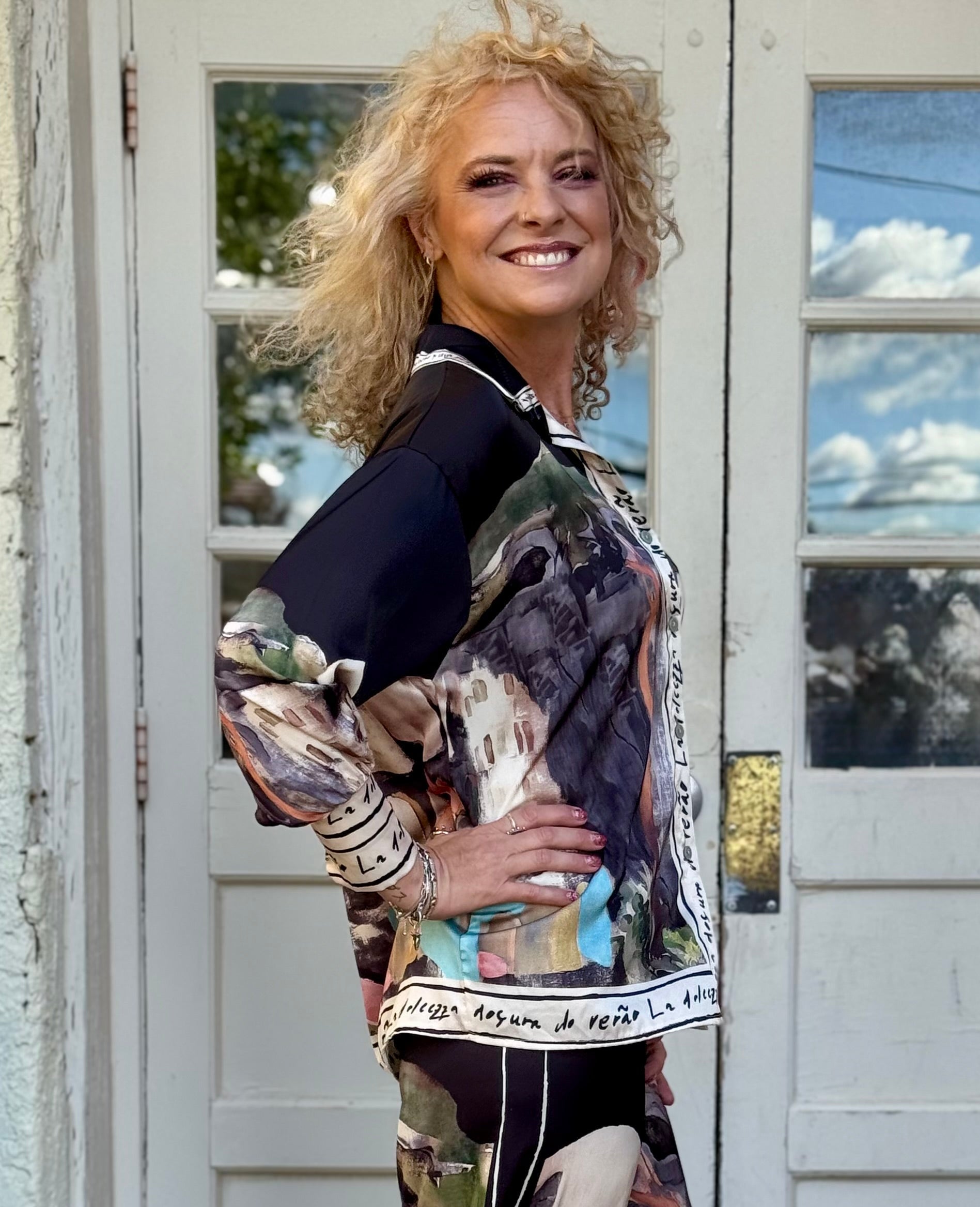 Satin Village Print Long Sleeve Blouse in black at ooh la la! in Grapevine TX 76051