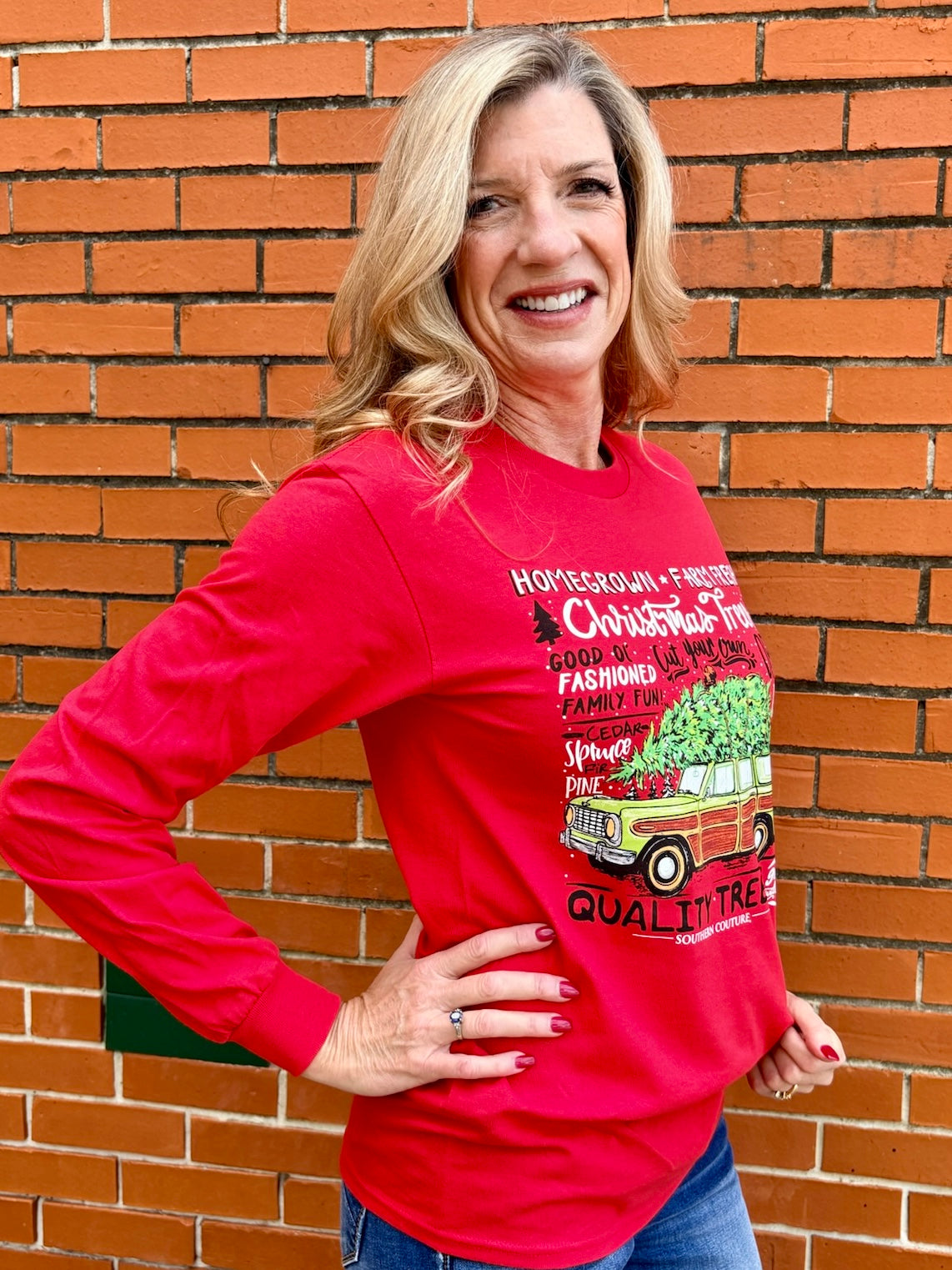 Homegrown Christmas Tree Car Long Sleeve Tee in red at ooh la la! in Grapevine TX 76051