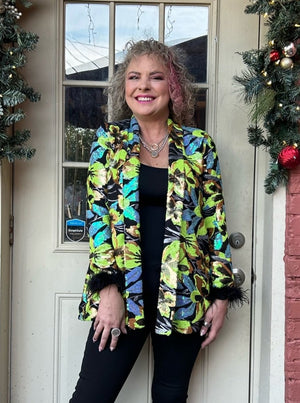 Queen of Sparkles Green, Blue & Black Sequin Flower Feather Oversized Blazer at ooh la la! in Grapevine TX 76051