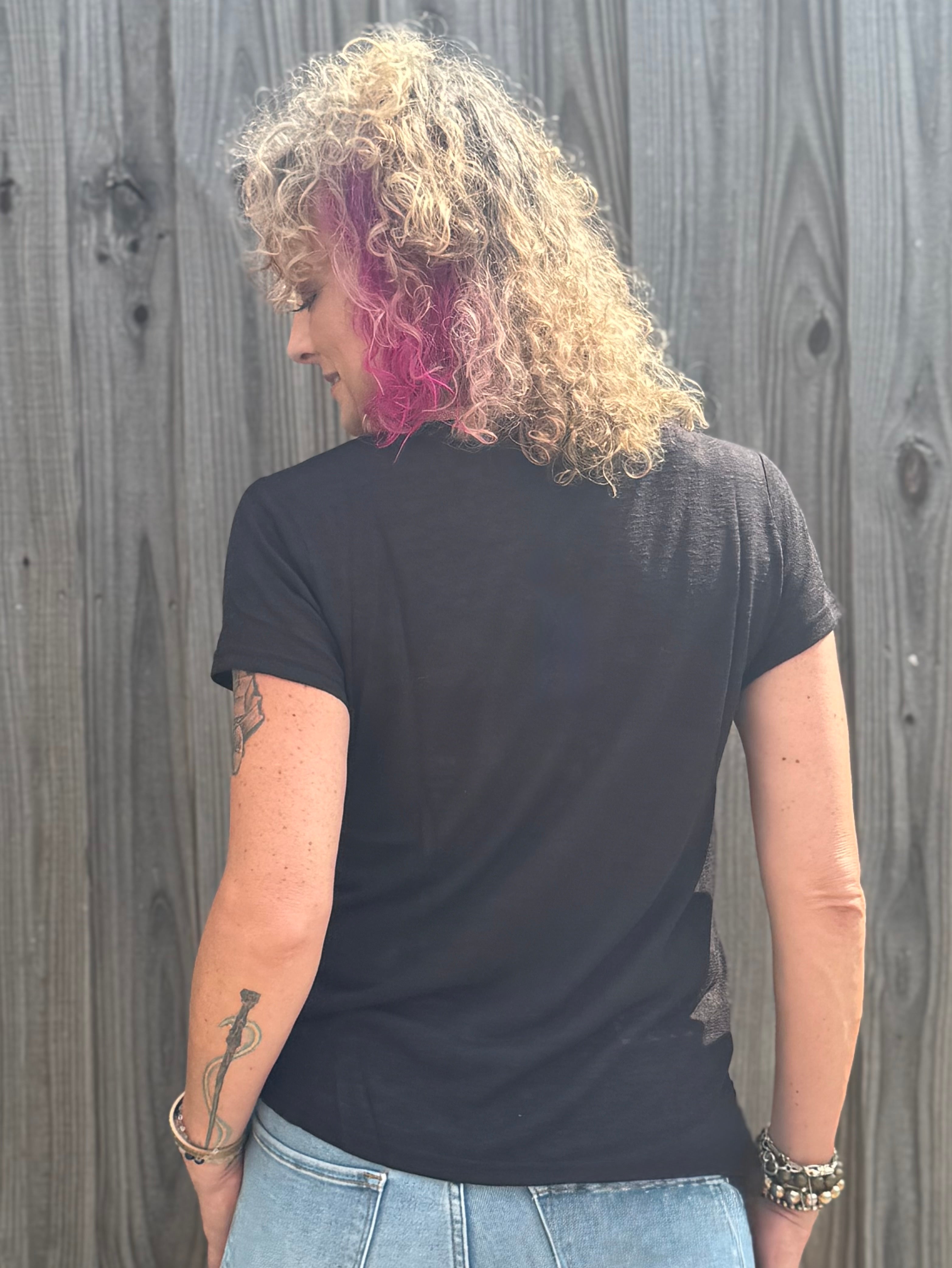 Molly Bracken Gold Beaded Trim V-Neck Top in Black at ooh la la! in Grapevine TX 76051