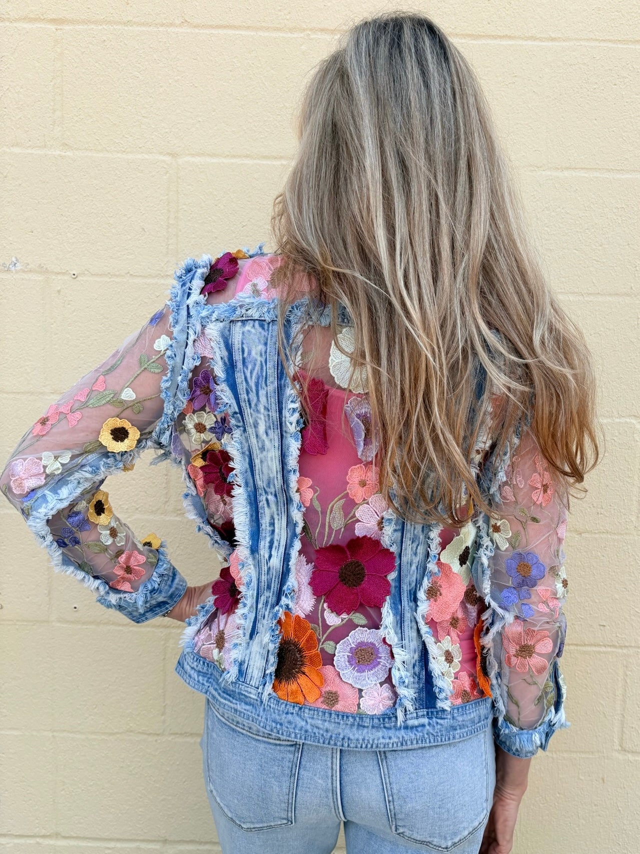 Adore Denim Jacket Inset with Floral Appliqued Mesh at ooh la la! in Grapevine TX 76051