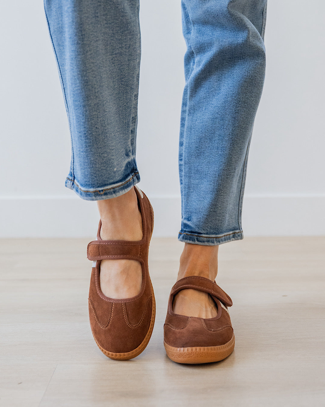 Corky's Calm Down Maryjane Sneaker in chestnut brown suede with cream stripe and velcro strap at ooh la la! in Grapevine TX 76051