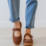 Corky's Calm Down Maryjane Sneaker in chestnut brown suede with cream stripe and velcro strap at ooh la la! in Grapevine TX 76051