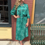 Jade Patterned Pleated Midi Skirt and Tie Blouse at ooh la la! in Grapevine TX 76051