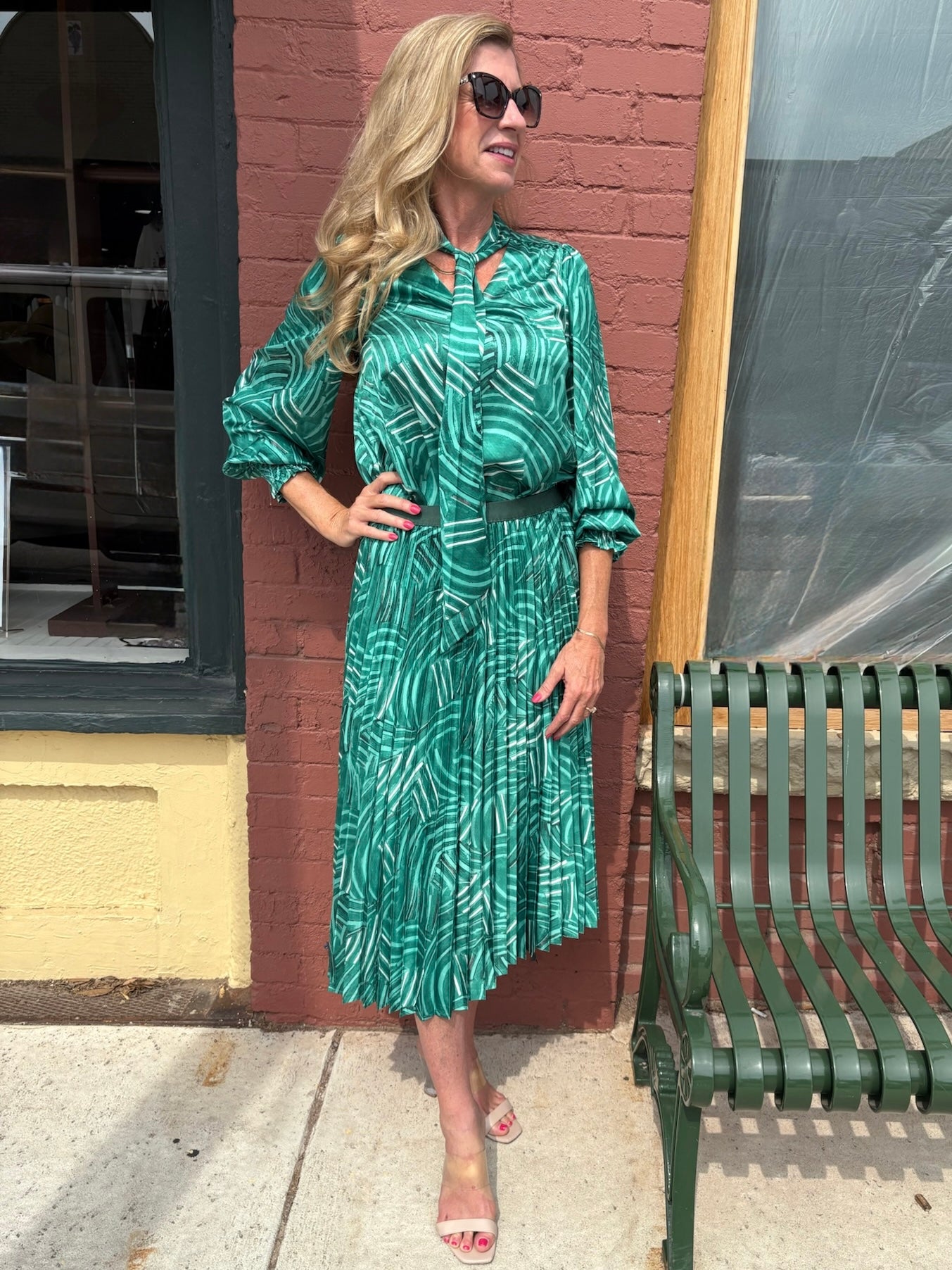 Jade Patterned Pleated Midi Skirt and Tie Blouse at ooh la la! in Grapevine TX 76051
