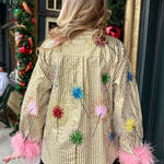Queen of Sparkles Gold Stripe Multi Sparkler Button Up Top with Pink Feather Sleeves at ooh la la! in Grapevine TX 76051