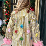 Queen of Sparkles Gold Stripe Multi Sparkler Button Up Top with Pink Feather Sleeves at ooh la la! in Grapevine TX 76051