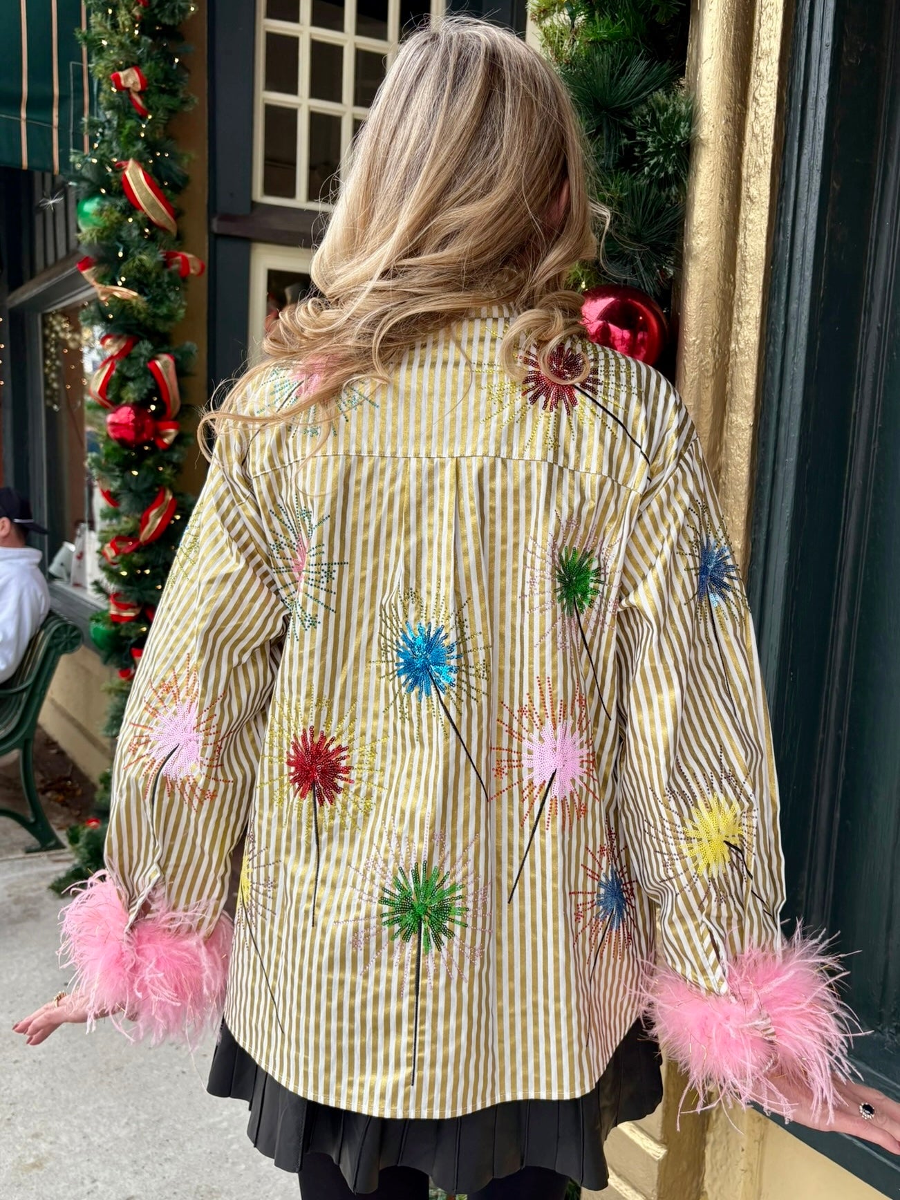Queen of Sparkles Gold Stripe Multi Sparkler Button Up Top with Pink Feather Sleeves at ooh la la! in Grapevine TX 76051