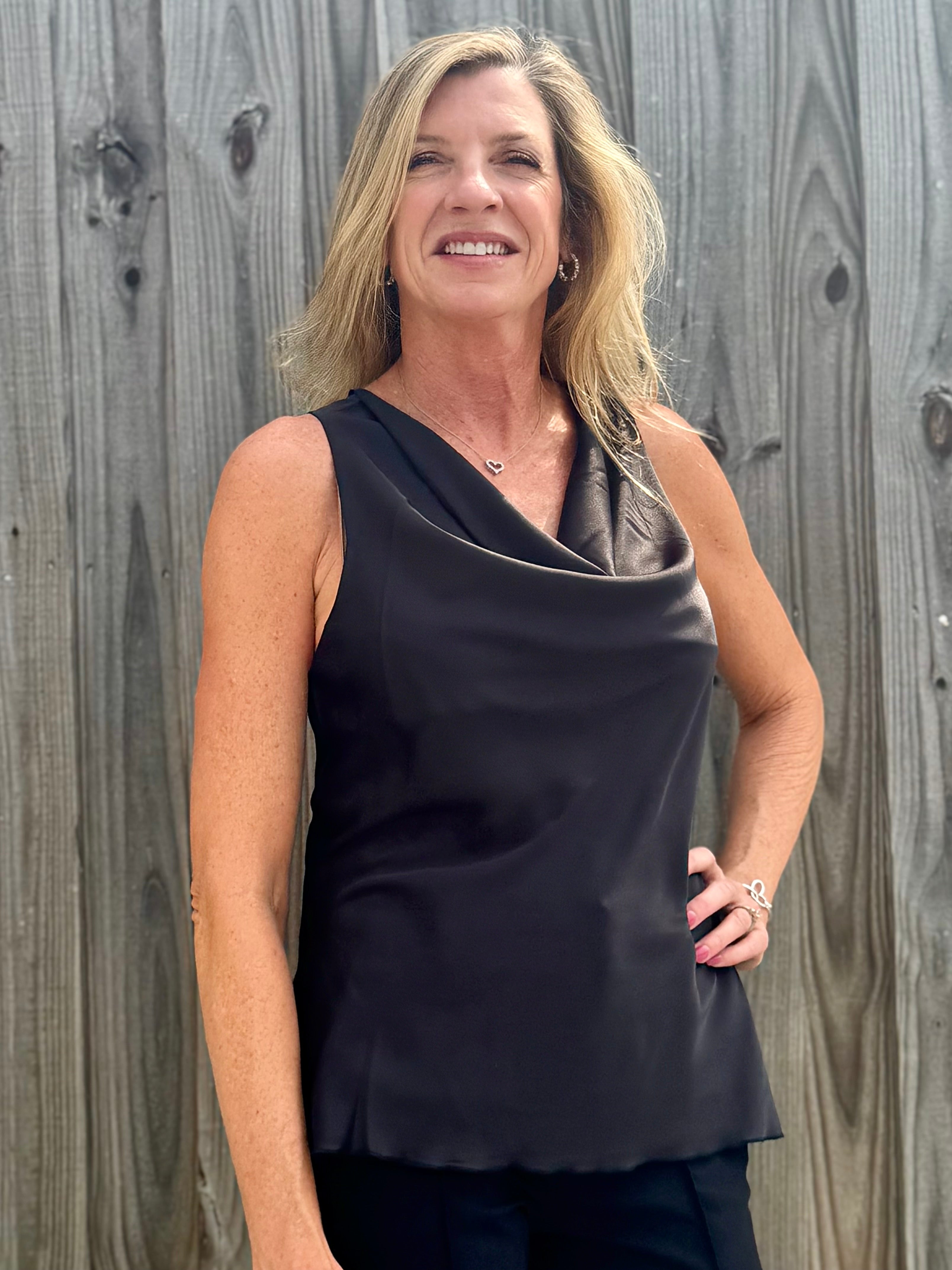 Molly Bracken satin draped neck top in black at ooh la la! in Grapevine TX 76051