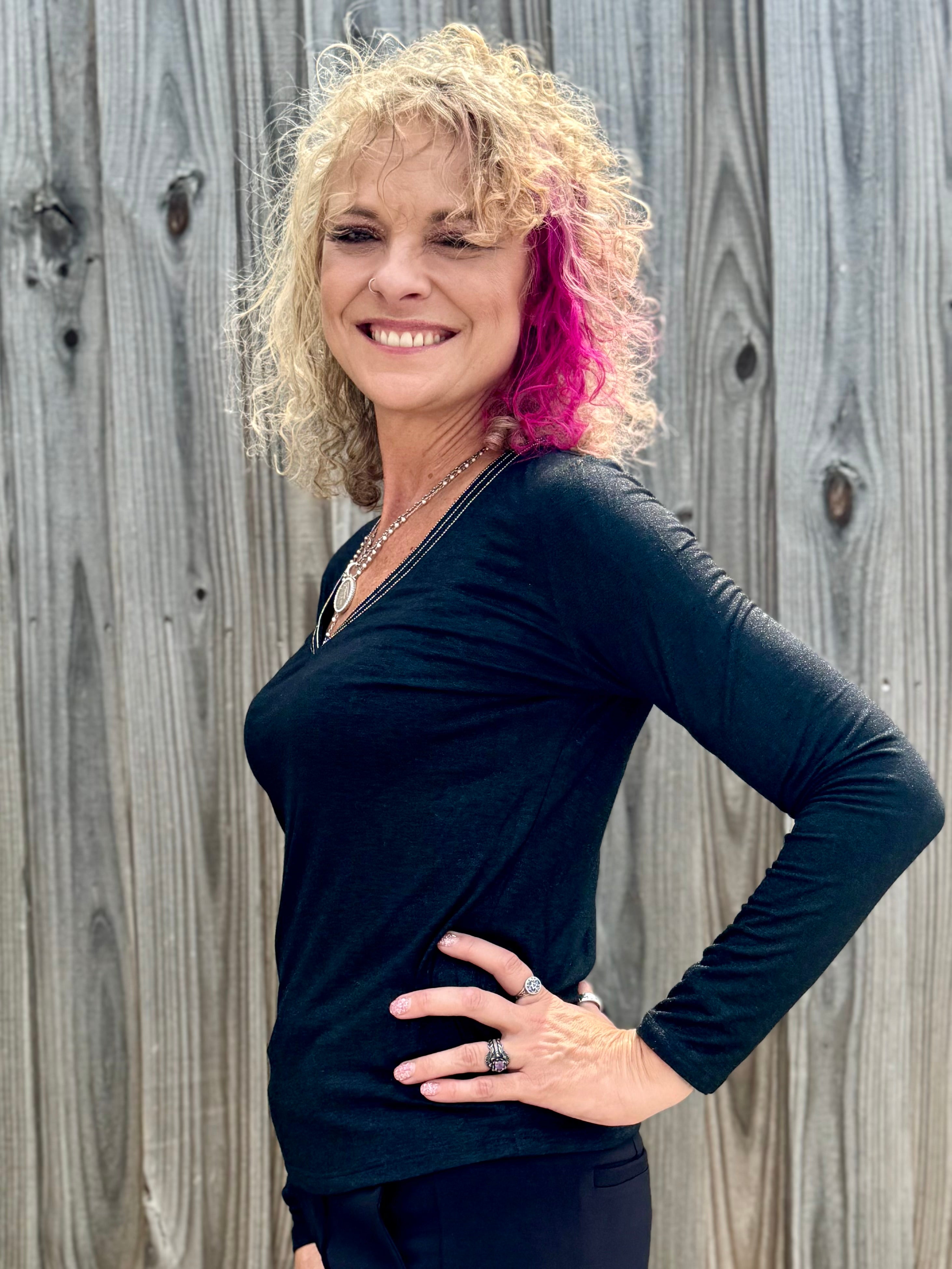 Molly Bracken Long Sleeve  V Neck Knit Top in black at ooh la la! in Grapevine TX 76051