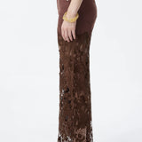 High Rise Embroidered Lace Wide Leg Jeans with Rhinestones in Chocolate Brown at ooh la la! in Grapevine TX 76051