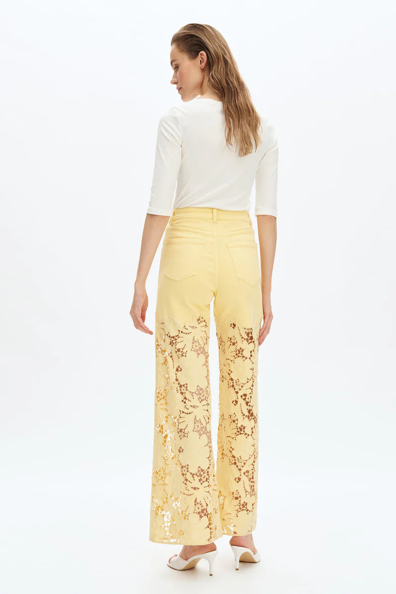 Butter yellow Wide leg jeans, floral lace denim, rhinestone jeans, high rise wide leg, pastel yellow jeans, pink lace jeans, statement denim, women’s high stretch jeans. at ooh la la! in Grapevine TX 76051