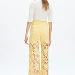 Butter yellow Wide leg jeans, floral lace denim, rhinestone jeans, high rise wide leg, pastel yellow jeans, pink lace jeans, statement denim, women’s high stretch jeans. at ooh la la! in Grapevine TX 76051