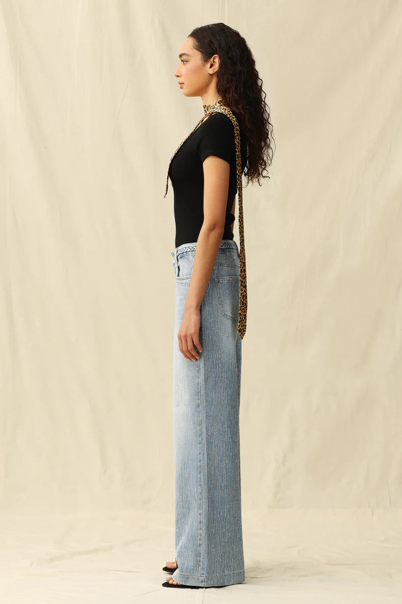 rhinestone jeans, wide leg denim, sparkly party pants, mid-rise embellished jeans, women's statement denim, light wash flare jeans, crystal encrusted jeans 
ooh la la! in Grapevine TX 76051