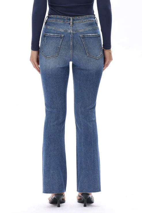 High Rise Boot Cut Brass Rivet Trim Jeans in Medium Blue at ooh la la! in Grapevine TX 76051