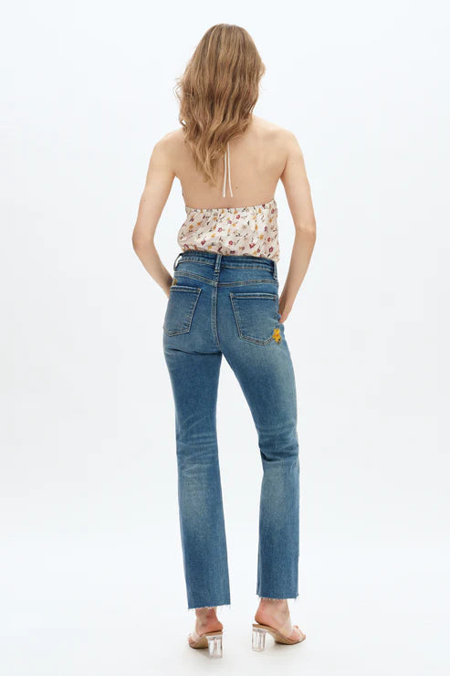 embroidered jeans, daisy denim, mid rise bootcut, floral flare jeans, boho style jeans, women's flower jeans, stretch denim, retro flare, Flora jeans at ooh la la! in Grapevine TX 76051